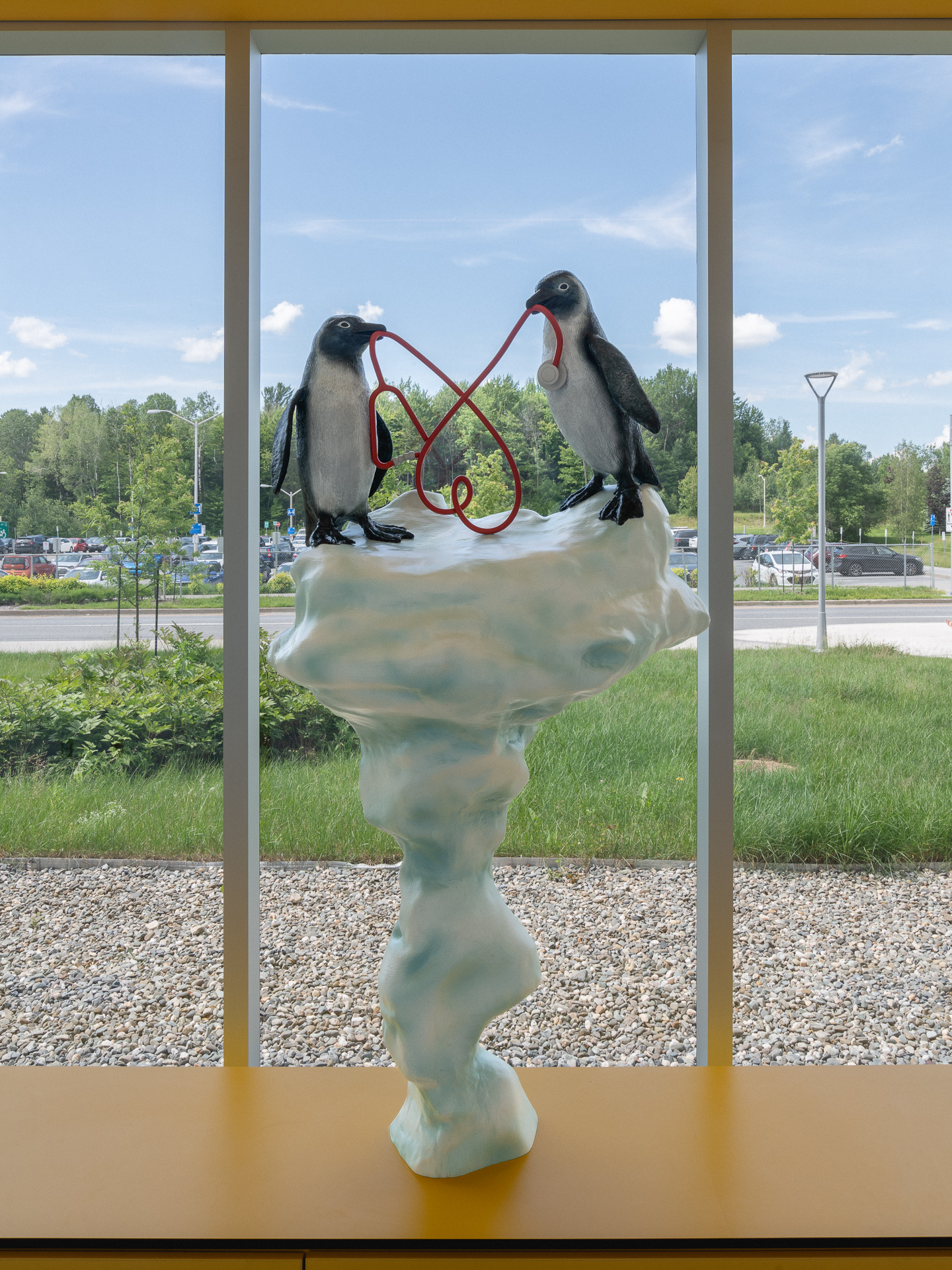 deux petits pingouins du Québec devant une grande fenêtre.